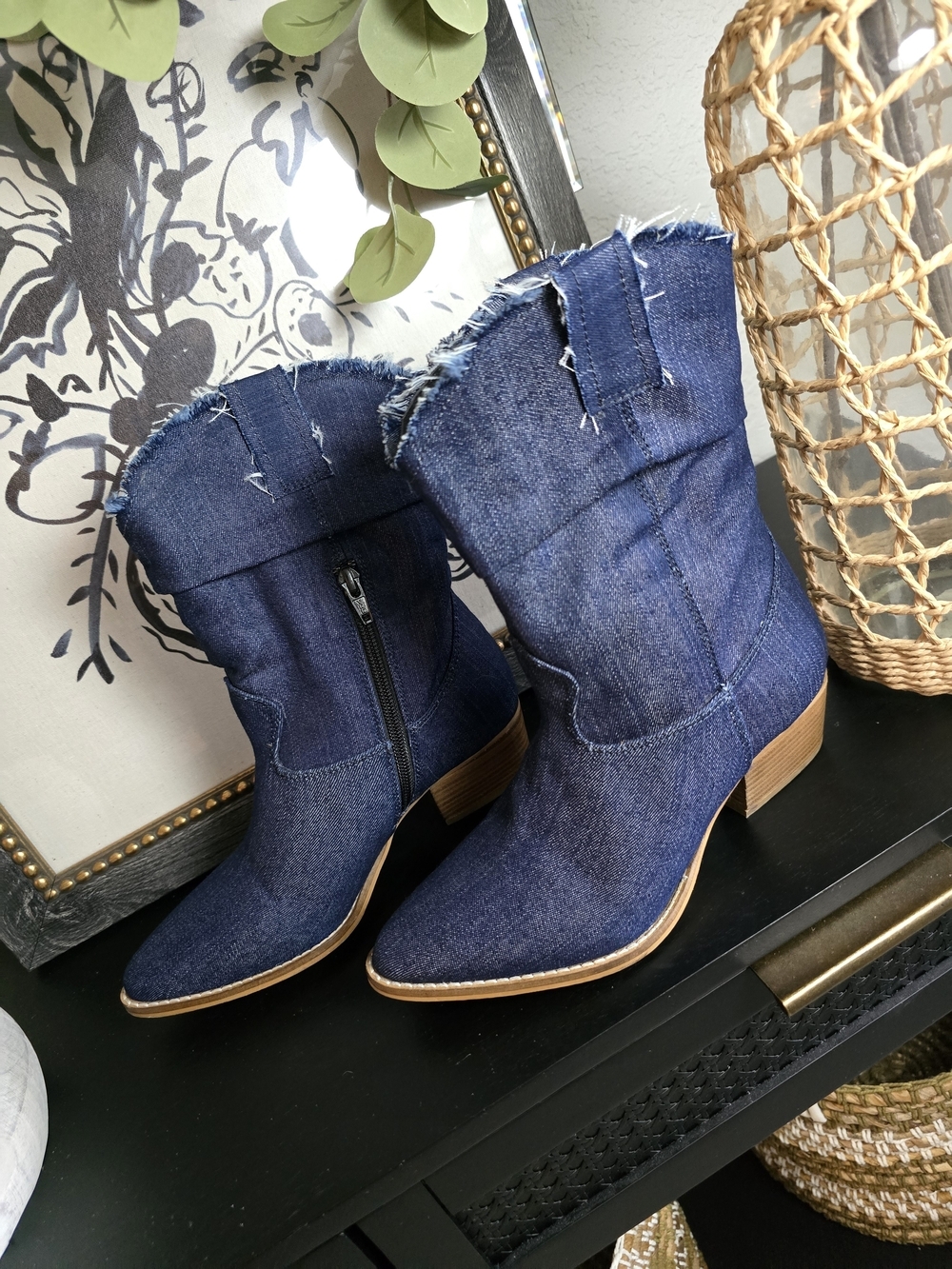 Charles By Charles David Frayed Denim Mid-Calf Ankle Boots - Blue